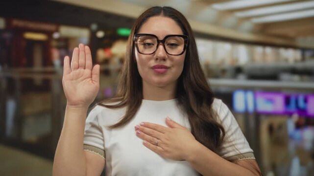 Young hispanic woman raising her right hand and placing her left hand on chest in building interior; pledge sincerity.