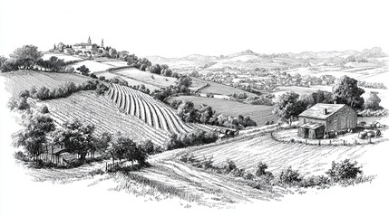 Fototapeta premium Rural countryside landscape with rolling fields and farmhouse in detailed engraving sketch style