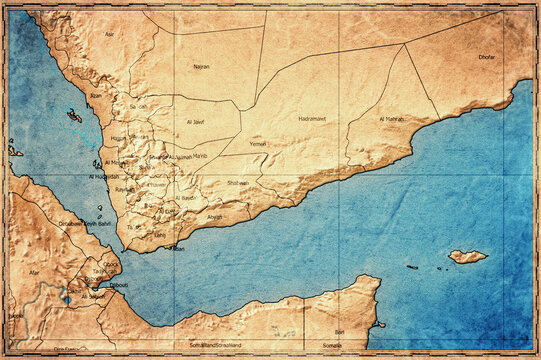 Vintage Map Of Yemen With Governorates On Retro Paper Background