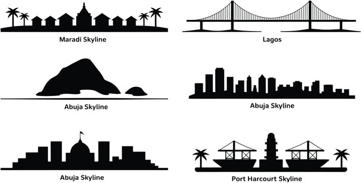 Maradi, Lagos, Abuja and Port Harcourt city skyline silhouettes set vector illustration bundle