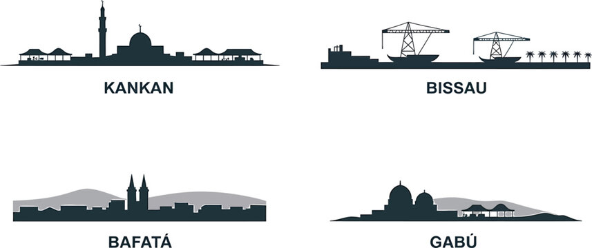 Set of four cities skylines silhouettes kankan bissau bafata gabu west africa landmarks