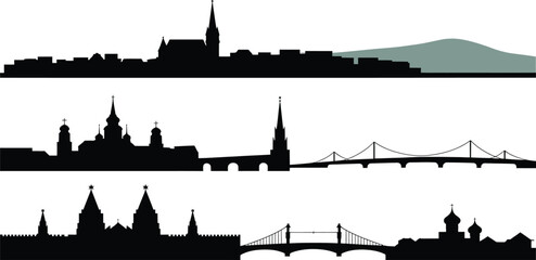 Fototapeta premium Tropical resort and coastal city silhouettes including palm trees bridges and beach house icons