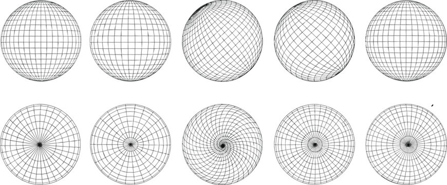 Set of wireframe spheres with grid lines and perspective views abstract geometric vector illustration 3D globe mesh collection