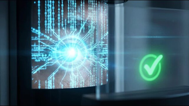 Close-up of an eye digital code concept. Close up of biometric iris scan with digital data and biometric ID match verification technology
