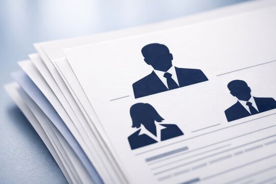 Candidate Profiles: A stack of resumes highlights diverse candidates in a crisp and professional manner. Focusing on skills, experience, and the potential of each individual