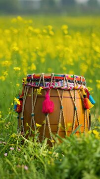 Golden canola field under a clear sky with a traditional decorated dhol drum, colorful tassels, celebrating harvest season, spring rhythm and rural celebration of vibrant cultural heritage