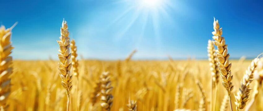 Golden wheat ears in sunny field under blue sky, bright harvest background Baisakhi, Vaisakhi agricultural celebration, rural nature banner with ripe grain, summer landscape warm sunlight copy space