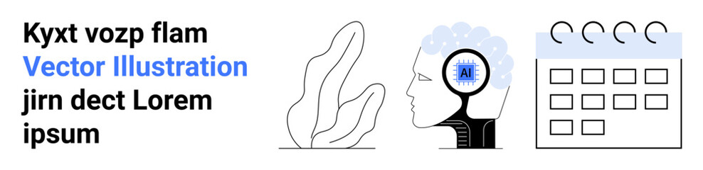 Artificial intelligence, creativity, productivity, mental health, organization, time management. Abstract outline of a plant, human with brain function and a calendar. AI and creativity concept © robu_s