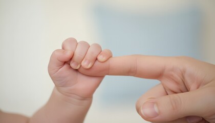 Naklejka premium Newborn tiny hand grasping a parent's finger, intimate close up symbolizing protection, trust and the tender bond of parenthood, new life, hope and family connection