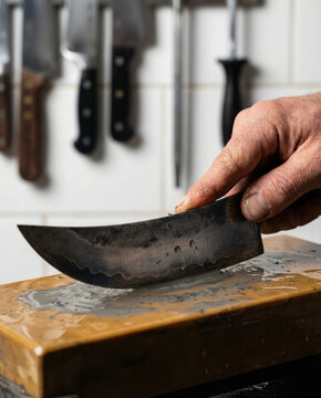 Man sharpening knife with water stone in kitchen workshop  