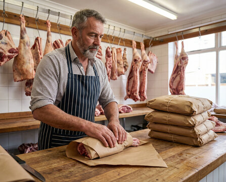 Butcher wrapping meat in paper at shop for Eid al-Adha celebration  