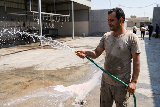 Man washing floor with garden hose in outdoor facility during summer  