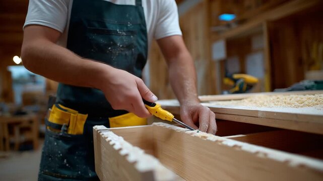 6Detailed scene of a craftsman assembling a wooden drawer using a screwdriver, dovetail joints visible, smooth birch wood surface, fine dust on workbench, soft directional light, re