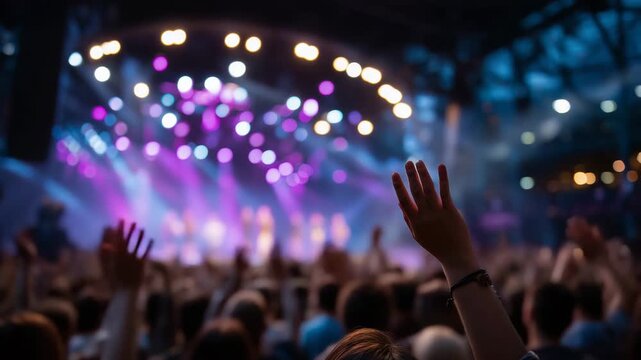 12All the feels in a dim concert crowd, hands raised toward the stage lights, music implied through motion and emotion, collective euphoria and release