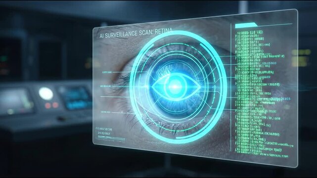 Close-up of an eye digital code concept. Close up of futuristic AI retina scan technology for biometric identification and security access