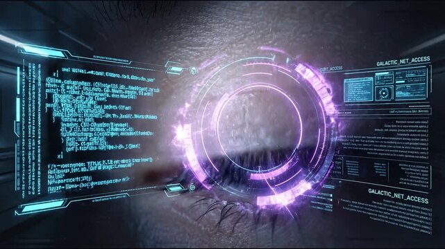 Close-up of an eye digital code concept. Futuristic digital eye with holographic galaxy interface and augmented reality technology