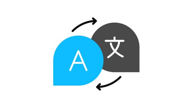 Language translation icon featuring blue and grey speech bubbles. Modern translate symbol for UI and UX interface, multilingual apps, and website buttons. Clean animation for global communication.