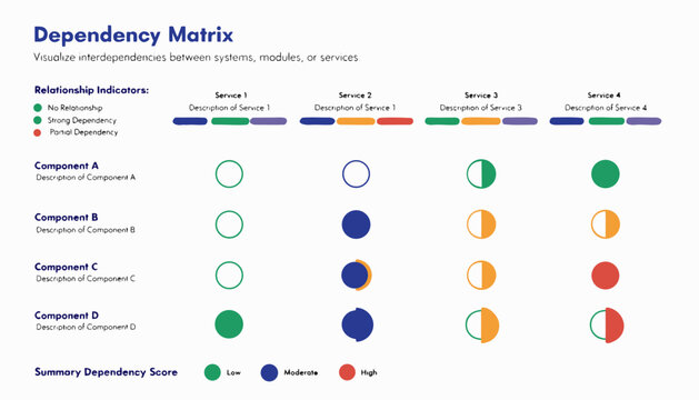 A vector graphic illustrating a dependency matrix with relationship indicators and summary dependency scores