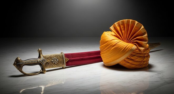 Maharana Pratap Jayanti, Elegant still life composition of a traditional Rajput sword with an ornate hilt and a folded saffron turban placed on a polished marble surface