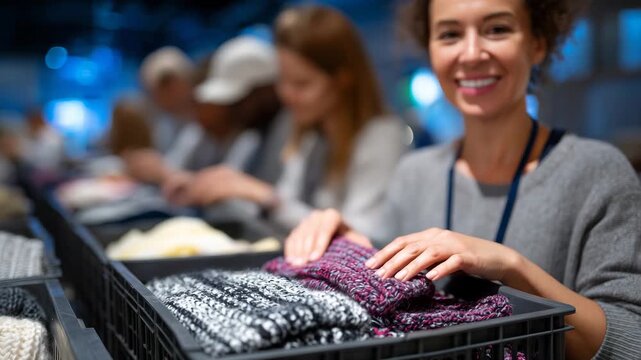 40Volunteers wearing casual uniforms sorting winter clothing in a community support center, coats and scarves separated by size, inclusive teamwork atmosphere, soft shadows, organize