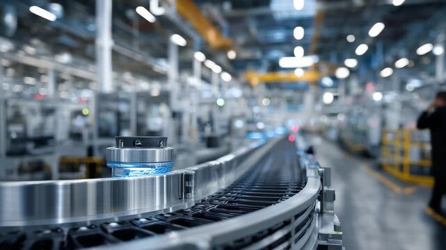 49Macro view of stainless steel mechanical elements aligned on a white industrial assembly line, perfect symmetry, sterile atmosphere, soft shadows, advanced automation, premium high