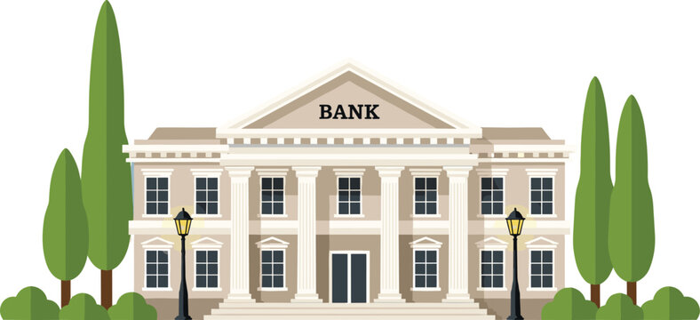 Classic bank building with columns and facade isolated on white background financial institution architecture flat vector illustration