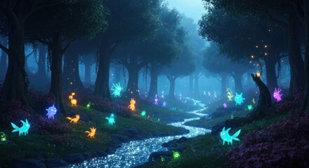 Obraz premium Mystical forest with glowing sprites by a stream