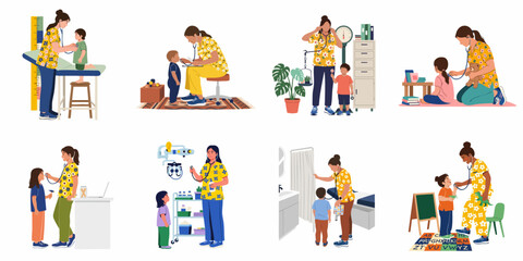 Fototapeta premium Set of illustrations depicting a friendly female pediatrician in floral scrubs conducting various medical examinations and check-ups for toddlers and young children.