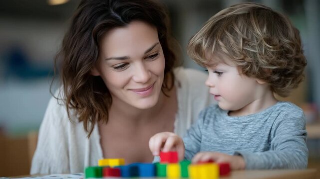 63Mother smiling while helping her child learn shapes and colors at a preschool table, educational toys neatly arranged, calm supportive mood, symbolic representation of family-cente