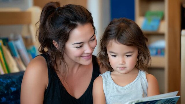 62Mother and child seated together reading a picture book in an early learning center, colorful shelves in the background, cozy classroom lighting, emotional connection, corporate fa