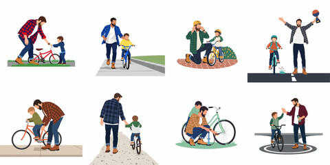 Fototapeta premium A collection of eight vector illustrations depicting a father teaching his young son to ride a bicycle, bonding through outdoor activities and support.