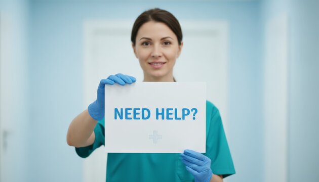 Smiling caregiver or nurse in scrubs and blue gloves presenting a sign asking need help with a medical cross, offering support and assistance in a hospital or clinic setting