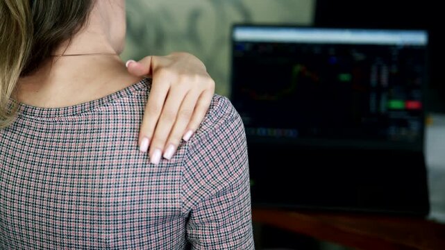 Office Worker Feeling Shoulder Pain Suffering From Muscle Tension And Fatigue. Sedentary Lifestyle Health Problems