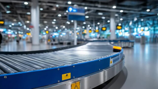 75Cinematic wide shot of a contemporary airport baggage handling area, conveyors transporting luggage smoothly, bright terminal lighting, glass partitions, quiet efficiency, modern t