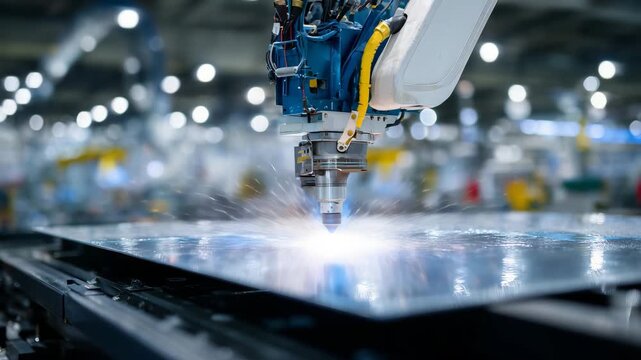 86Close-up of a robotic spray gun applying paint to a metal panel on an automated line, fine atomized spray pattern visible, smooth wet coating forming, shallow depth of field, preci