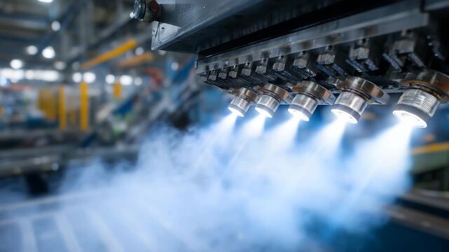 89Close-up of freshly painted metal components exiting an automated spray painting booth, smooth glossy finish, excess paint mist dissipating, clean factory surroundings, quality-foc