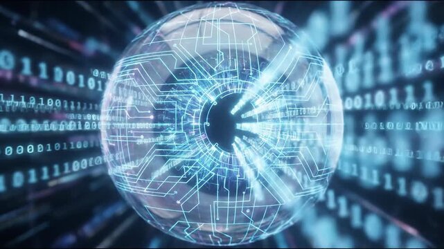 Close-up of an eye digital code concept. Futuristic digital globe with glowing circuits and binary code representing technology and data flow