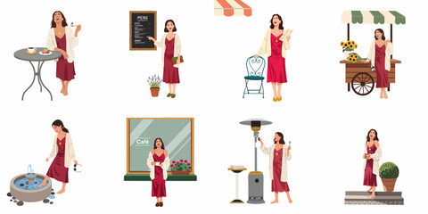 Set of flat illustrations featuring a fashionable woman enjoying various outdoor activities at a cafe, flower shop, and park.