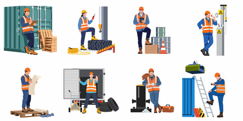 Collection of industrial port and warehouse worker characters performing various logistics and construction tasks in safety gear. © dewi
