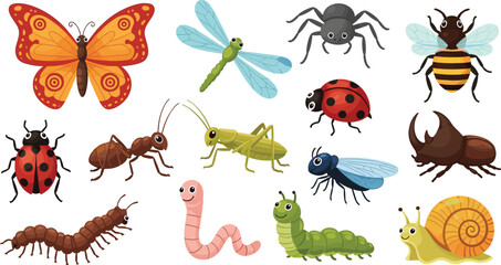 Collection of insects including butterfly bee ant ladybug and caterpillar colorful cartoon vector illustration nature bugs set © Prodip