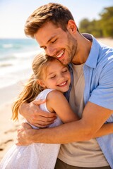 Obraz premium Loving father hugging daughter on beach with warm sunlight and emotional connection