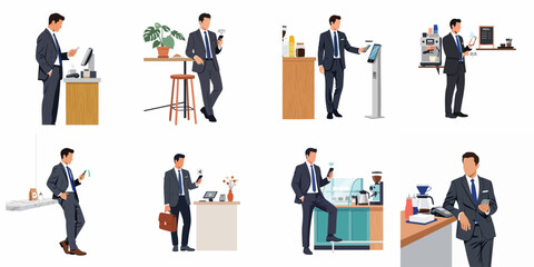 Fototapeta premium Set of flat vector illustrations depicting a businessman using smartphone for contactless payments, mobile banking, and digital ordering in various cafe settings.