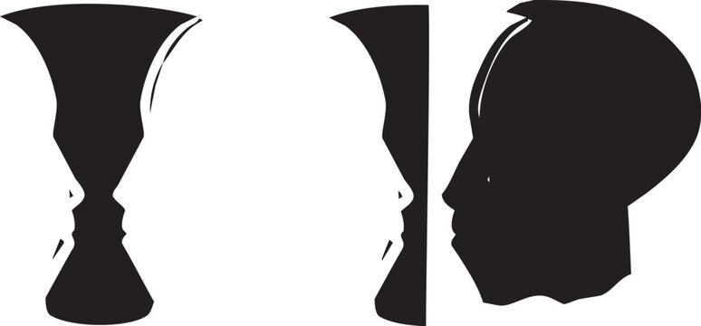 Woodcut style image of two opposing faces in silhouette 