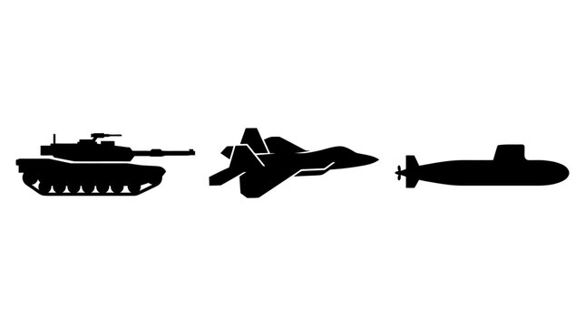 Military vehicles tank, jet fighter, and submarine icons