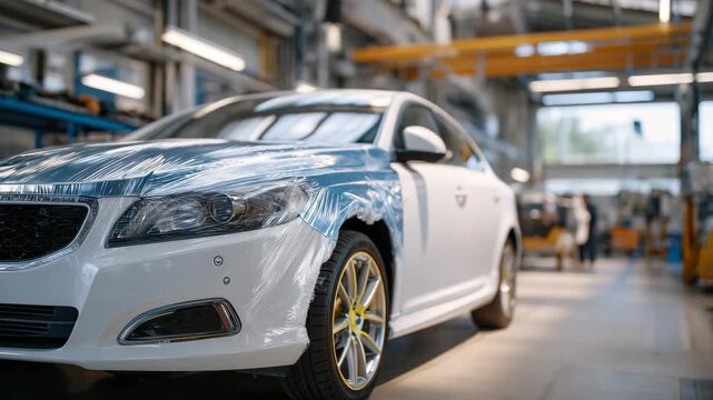 128Professional car painting at an auto body repair center, vehicle fully prepped with masking tape and protective film, high-end spray equipment in use, emphasis on surface preparati