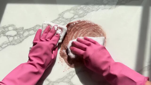 Hands in pink gloves cleaning marble countertop with red stain and foam