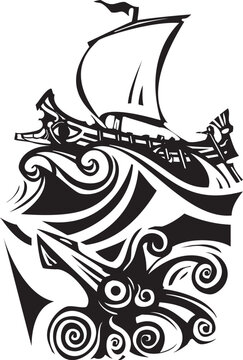 Woodcut greek galley sailing over a giant squid at sea