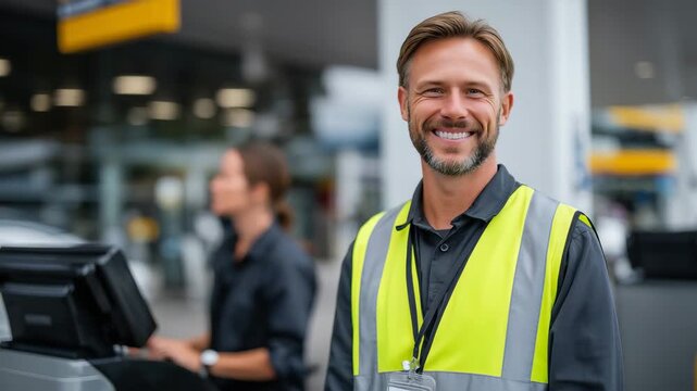 147Customer service excellence and convenience at a service station, modern fuel facility with clear signage and clean pump area, professional attendant assisting a driver efficiently