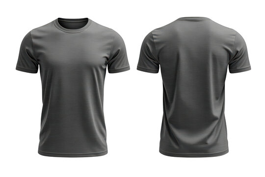 Blank charcoal gray t-shirt mockup showing front and back views with a transparent background, perfect for custom apparel