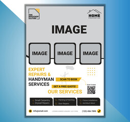 Fototapeta premium Handyman service flyer template, repair services poster, home maintenance ad, plumbing and construction vector